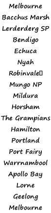 Melbourne Bacchus Marsh Lerderderg SP Bendigo Echuca Nyah Robinvale Mungo NP Mildura Horsham The Grampians Hamilton Portland Port Fairy Warrnambool Apollo Bay  Lorne  Geelong  Melbourne