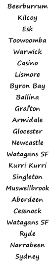 Beerburrum  Kilcoy Esk Toowoomba Warwick Casino Lismore Byron Bay Ballina Grafton Armidale Glocester Newcastle Watagans SF Kurri Kurri Singleton Muswellbrook Aberdeen Cessnock Watagans SF Ryde Narrabeen Sydney