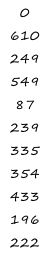 0 610 249 549 87 239 335 354 433 196 222