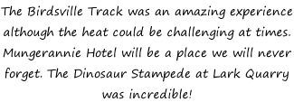 The Birdsville Track was an amazing experience although the heat could be challenging at times. Mungerannie Hotel will be a place we will never forget. The Dinosaur Stampede at Lark Quarry was incredible!